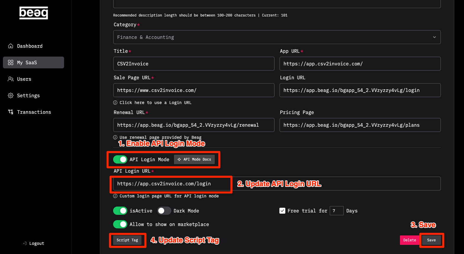 API Login Mode settings