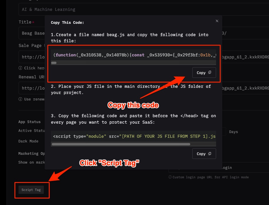Script tag modal showing JavaScript code
